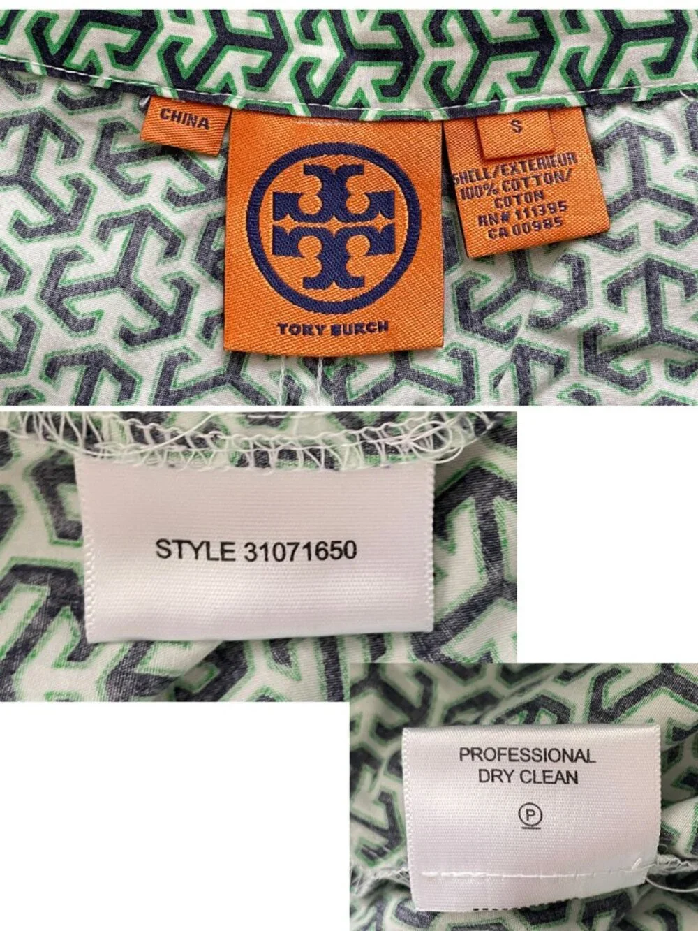 Tory Burch Pajama Lounge Pant Sz S Green White Geometric Print 100% Cotton